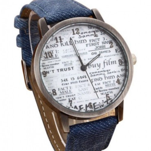 Quartz Analog Wrist Watch Unique Women Men Fashion Newspaper Jean Fabric Canvas Band